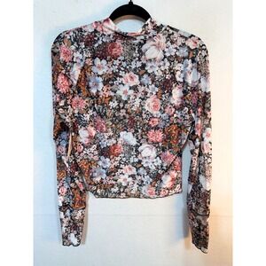 Floral Mesh Long Sleeve Top Sheer Boho Rodeo Cowgirl Mock Neck Sz XL Multicolor